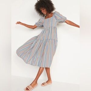 Old Navy Waist-Defined Puff-Sleeve Plaid Midi Dress size large